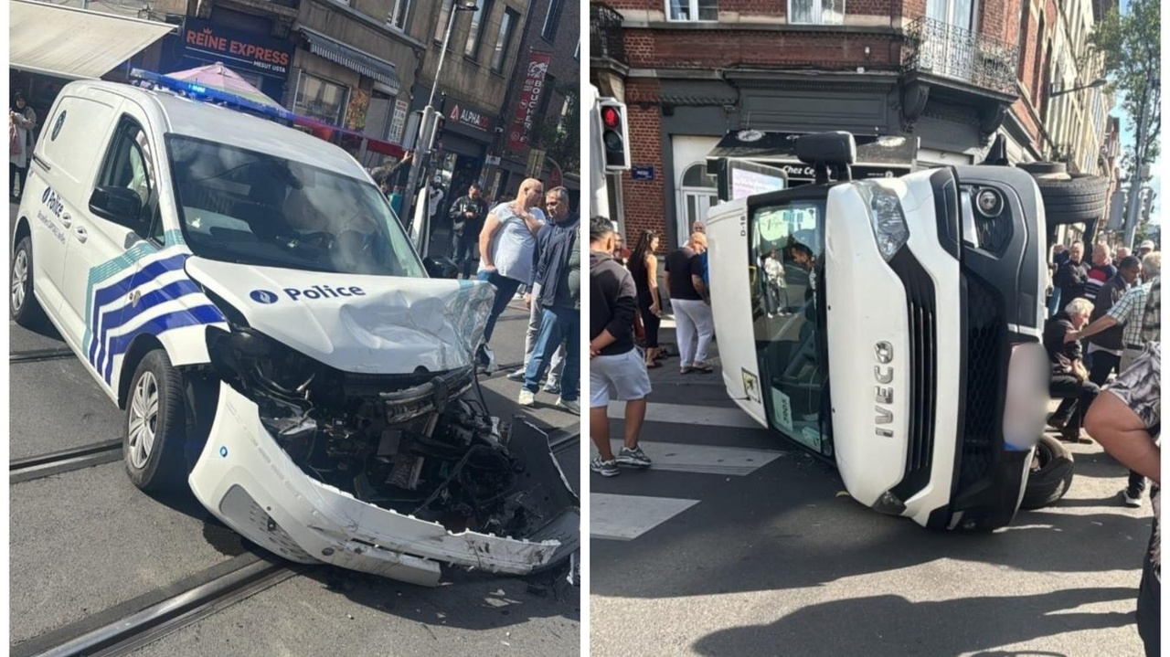 L’impact a été violent : un véhicule de police percute un bus scolaire vide à Schaerbeek, aucun blessé grave (photo)